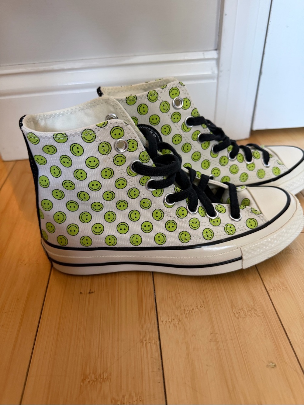 Converse High-Top Sneakers with Lime Green Smiley Print